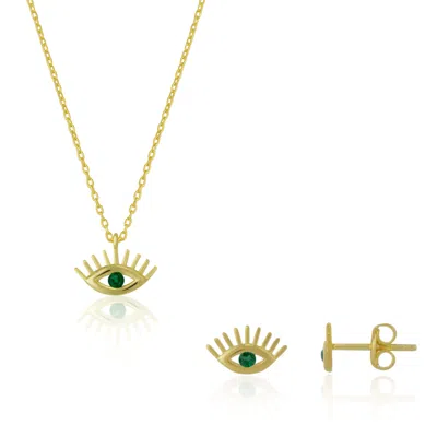 Spero London Women's Emerald Eye Evil Eye Sterling Silver Necklace & Stud Earring Set - Gold