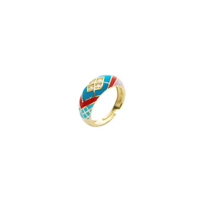 Spero London Women's Enamel Blue Five Color Diamond Sterling Silver Dome Ring