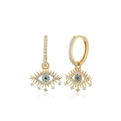 Spero London Women's Evil Eye Earring Blue Eye Eyelash Pave Sterling Silver Earring - Gold