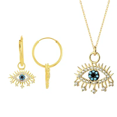 Spero London Women's Evil Eye Earring Blue Eye Sterling Silver Pendant Eyelash Necklace & Earring Set - Gold