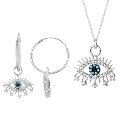 Spero London Women's Evil Eye Earring Blue Eye Sterling Silver Pendant Eyelash Necklace & Earring Set - Silver