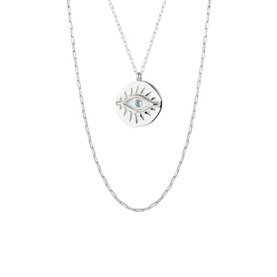 Spero London Women's Eye Coin & Rectangular Chain Sterling Silver Evil Eye Necklace Set - Silver