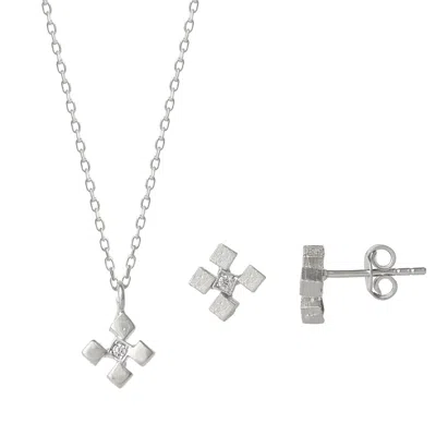 Spero London Women's Four Cube Blocks Natural Textured Sterling Silver Authentic Earring & Pendant Necklace Set -