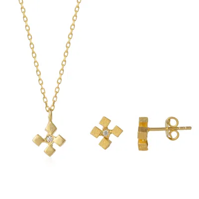 Spero London Women's Four Cube Blocks Natural Textured Sterling Silver Authentic Earring & Pendant Necklace Set - In Gold