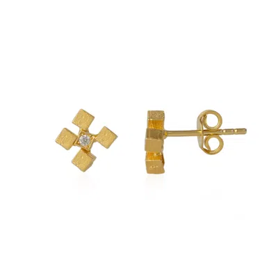 Spero London Women's Four Cube Blocks Natural Textured Sterling Silver Authentic Stud Earring - Gold