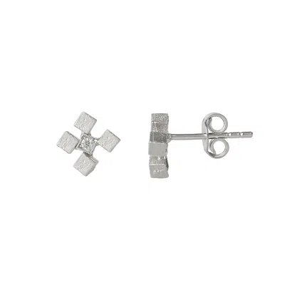 Spero London Women's Four Cube Blocks Natural Textured Sterling Silver Authentic Stud Earring - Silver