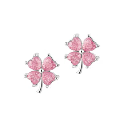 Spero London Women's Four Leaves Clover Sterling Silver Stud Earring Pink - Silver
