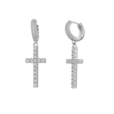 Spero London Women's Full Pave Cross Sterling Silver Drop Hoop Earring