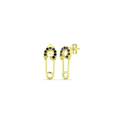 Spero London Women's Gold / Black Sterling Silver Black Jewelled Mini Safety Pin Stud Earrings - Gold