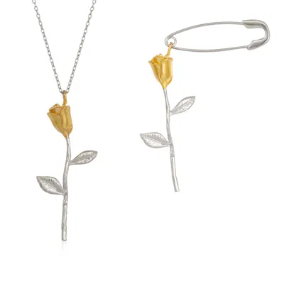 Spero London Women's Gold Color Rose Sterling Silver Necklace & Safety Pin Earring Set In Multi