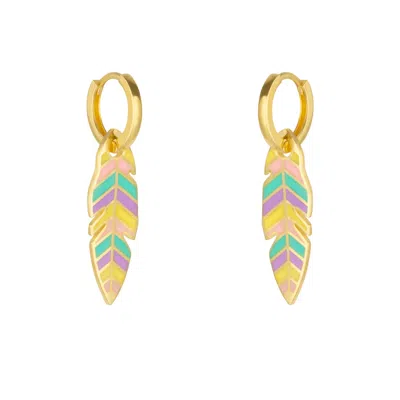 Spero London Women's Gold Feather Leaves Rainbow Enamel Hoop Earrings