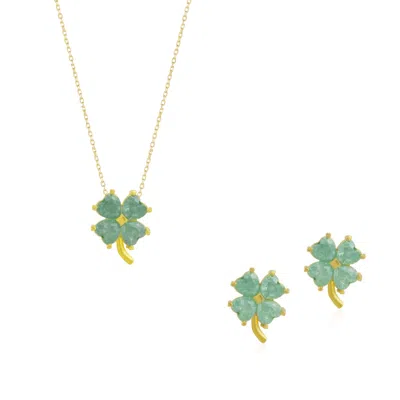 Spero London Women's Gold / Green Four Leaves Clover Sterling Silver Earring & Necklace Set In Green - Gold In Multi
