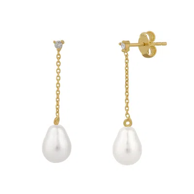 Spero London Women's Gold / White Diamond Drop Real Pearl Fine Earrings 14ct Solid Gold