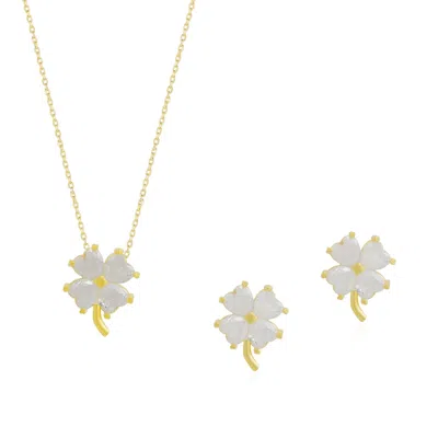 Spero London Women's Gold / White Four Leaf Clover Sterling Silver Necklace & Earring Set - White - Gold In Multi