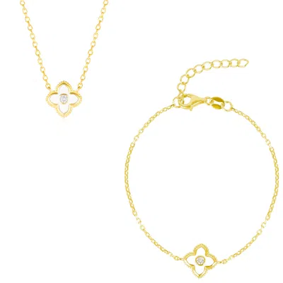 Spero London Women's Gold / White White Enamel Four Leaf Clover Necklace & Bracelet Set With Gemstone In Sterling In Multi