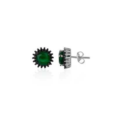 Spero London Women's Green / Black / Silver Black Emerald Color Double Halo Stud Earrings In Sterling Silver In Multi