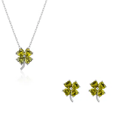 Spero London Women's Green / Silver Four Leaf Clover Sterling Silver Stud Earrings & Necklace Set - Mystic Green In Multi