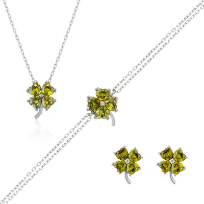 Spero London Women's Green / Silver Four Leaf Clover Sterling Silver Stud Earrings Bracelet & Necklace Set - Myst In Multi