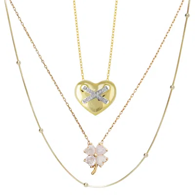 Spero London Women's Heart X Italian Beaded White Clover Sterling Silver Stacking Necklace Layering Set - Gold