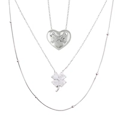 Spero London Women's Heart X Italian Beaded White Clover Sterling Silver Stacking Necklace Layering Set - Silver