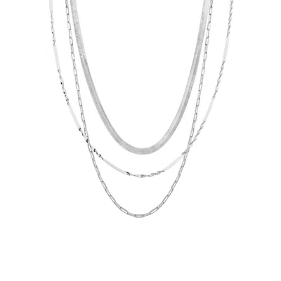 Spero London Women's Herringbone Semi Twisted & Paperclip Chain Sterling Silver Layering Necklace Set - Silver