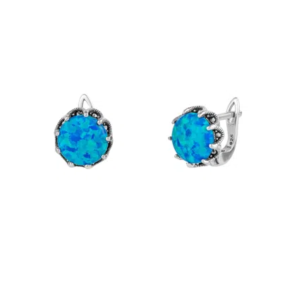 Spero London Women's High Quality Round Opal Earrings Sterling Silver - Dark Blue