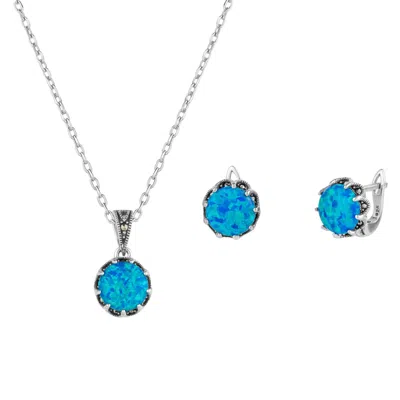 Spero London Women's High Quality Round Opal Sterling Silver Earring & Necklace Set - Dark Blue