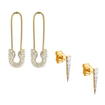 Spero London Women's Long Pave Dagger Stud & Pave Safety Pin Earring Set - Gold