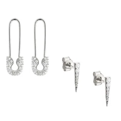 Spero London Women's Long Pave Dagger Stud & Pave Safety Pin Earring Set - Silver