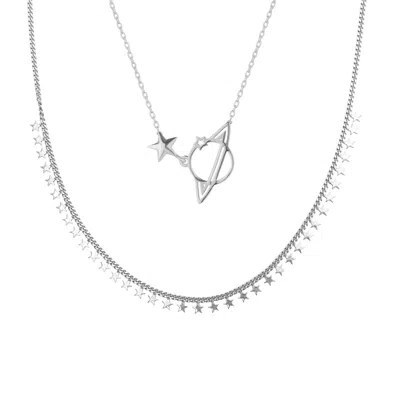 Spero London Women's Multiple Star Sterling Silver Station & Saturn Necklace Stacking Layering Set - Silver