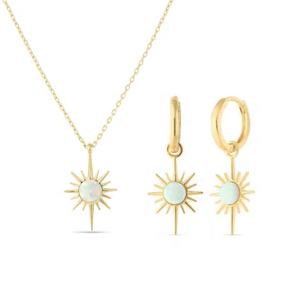 Spero London Women's Opal Northernstar Drop Hoop Earring & Necklace Sterling Silver Set - Gold