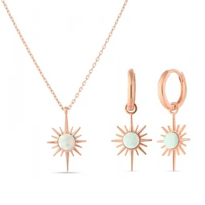 Spero London Women's Opal Northernstar Drop Hoop Earring & Necklace Sterling Silver Set - Rose Gold