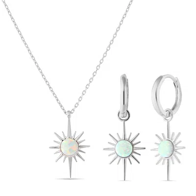 Spero London Women's Opal Northernstar Drop Hoop Earring & Necklace Sterling Silver Set - Silver