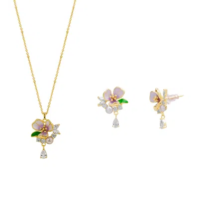 Spero London Women's Pansy Violet Floral Necklace & Earring Set In Sterling Silver - Gold