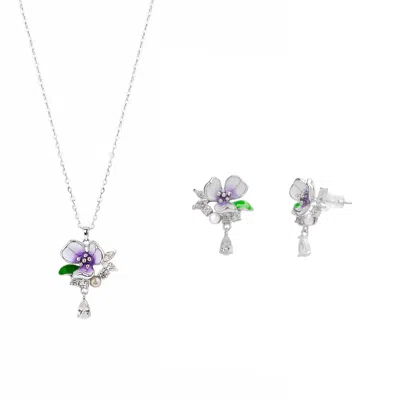 Spero London Women's Pansy Violet Floral Necklace & Earring Set In Sterling Silver - Silver