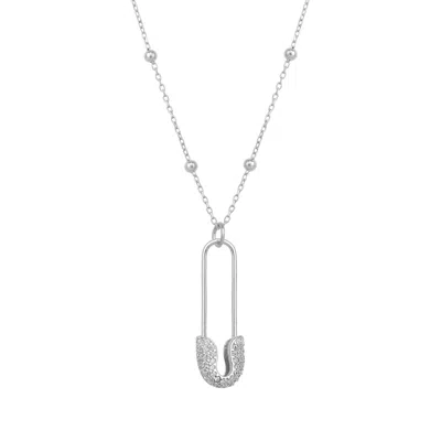 Spero London Women's Pave Safety Pin Necklace Jewelled With Beaded Chain In Sterling Silver - Silver