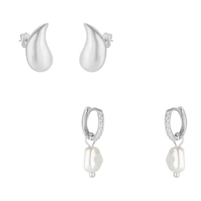 Spero London Women's Pear Teardrop And Huggie Pearl Drop Earrings In Sterling Silver - Silver