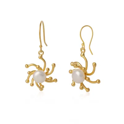 Spero London Women's Pearl Sun Molten Dripping Sunburst Sterling Silver Drop Earring - Gold