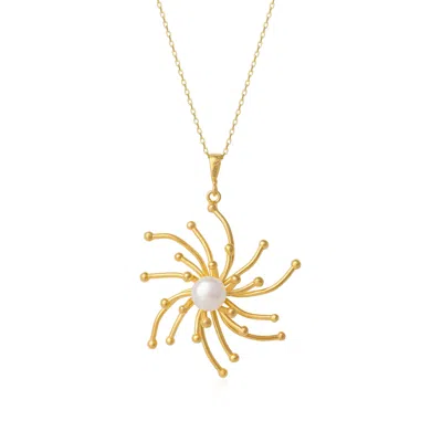 Spero London Women's Pearl Sun Molten Dripping Sunburst Sterling Silver Pendant Necklace - Gold