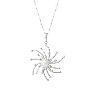 Spero London Women's Pearl Sun Molten Dripping Sunburst Sterling Silver Pendant Necklace - Silver