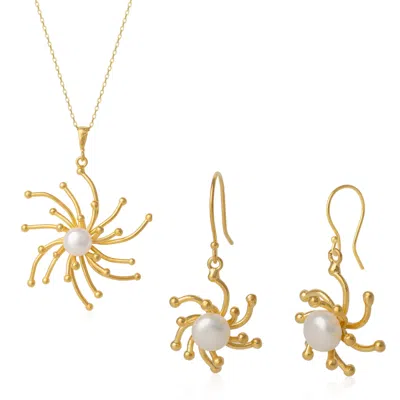Spero London Women's Pearl Sun Molten Dripping Sunburst Sterling Silver Pendant Necklace & Drop Earring Set - Gol In Gold
