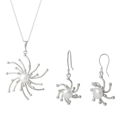 Spero London Women's Pearl Sun Molten Dripping Sunburst Sterling Silver Pendant Necklace & Drop Earring Set  - Si