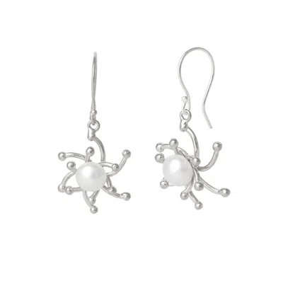 Spero London Women's Pearl Sun Molten Dripping Two Way Sunburst Sterling Silver Drop Earring - Silver