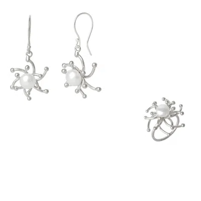 Spero London Women's Pearl Sun Two Way Dripping Sunburst Sterling Silver Set Ring & Earring - Silver In Metallic