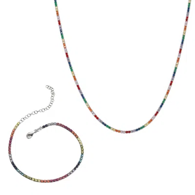 Spero London Women's Rainbow Tennis Necklace & Bracelet Set Sterling Silver In Burgundy