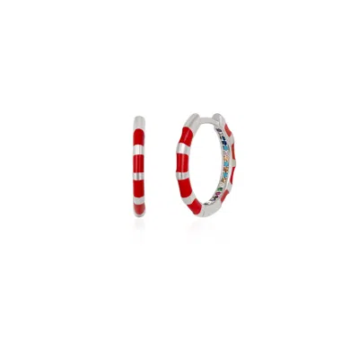 Spero London Women's Red / Silver Enamel Red Fine Stripe Sterling Silver Hoop Earrings With Multi Color Zirconia 