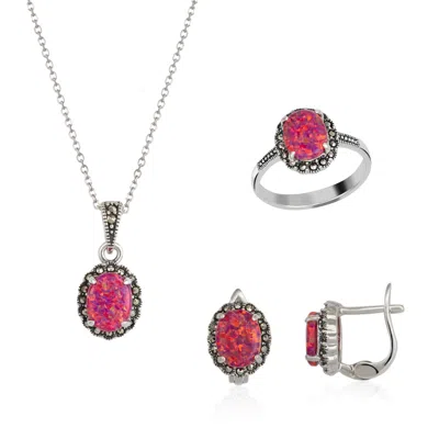 Spero London Women's Red / Silver Oval Red Opal High Quality Sterling Silver Necklace Earring Ring Set In Multi