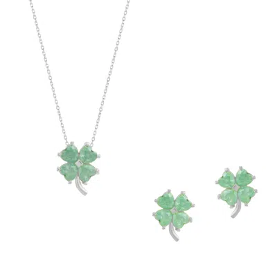 Spero London Women's Silver / Green Four Leaves Clover Sterling Silver Earring & Necklace Set In Green - Silver In Multi
