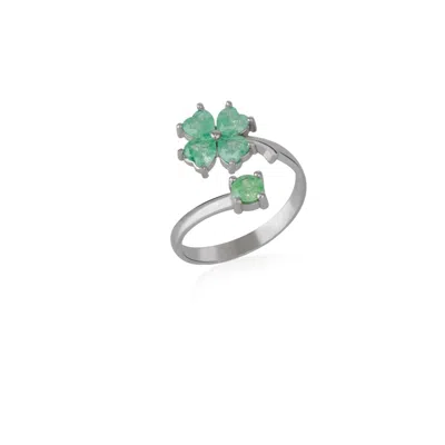 Spero London Women's Silver / Green Green Four Leaves Clover Luck Ring Sterling Silver - Silver In Multi