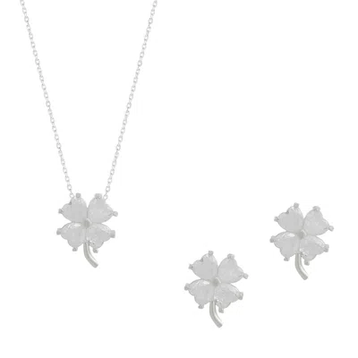 Spero London Women's Silver / White Four Leaf Clover Sterling Silver Necklace & Earring Set - White - Silver In Multi